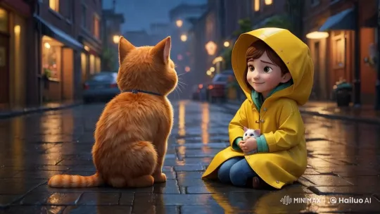 Lonely Child and Comforting Cat in Dusk's Rain – AI Generated Video | Hailuo AI