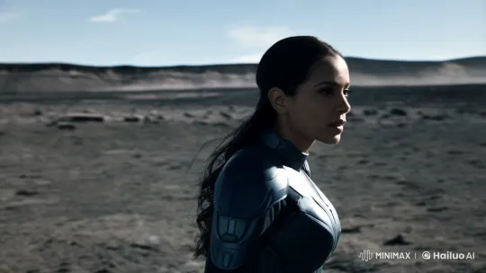 Futuristic Beauty in Desolate Landscape Tracking Shot – AI Generated Video | Hailuo AI