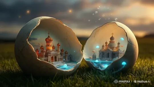 Miniature Russian Worlds in Eggshells at Dawn – AI Generated Video | Hailuo AI