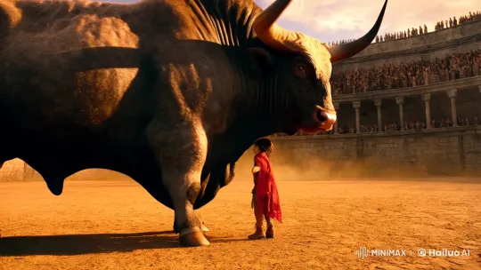 Child Faces Ferocious Bull in Ancient Arena – AI Generated Video | Hailuo AI