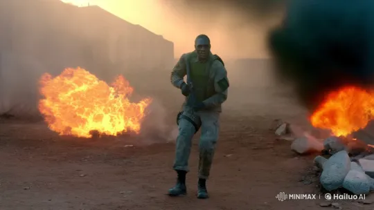 Resolute Soldier on a Chaotic Battlefield – AI Generated Video | Hailuo AI