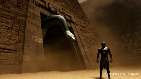 Rattlesnake Emerges in Pyramid: Warrior's Courageous Stand – AI Generated Video | Hailuo AI