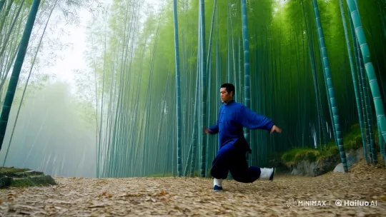 Kungfu Master in Graceful Combat Amidst Bamboo Forest – AI Generated Video | Hailuo AI