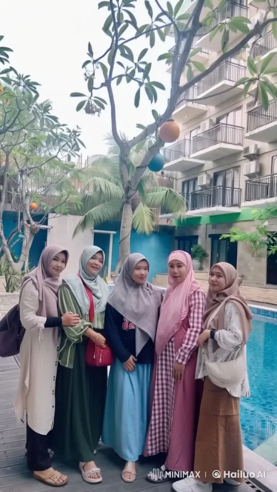 Poolside Chat Among Friends with Colorful Hijabs – AI Generated Video | Hailuo AI