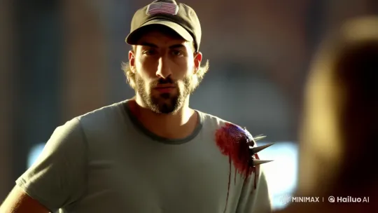 Determined Young Man Advances with Gun Amidst Injury – AI Generated Video | Hailuo AI