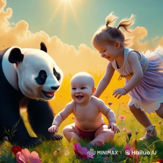 Panda, Baby, and Toddler's Whimsical Kung Fu in Meadow – AI Generated Video | Hailuo AI