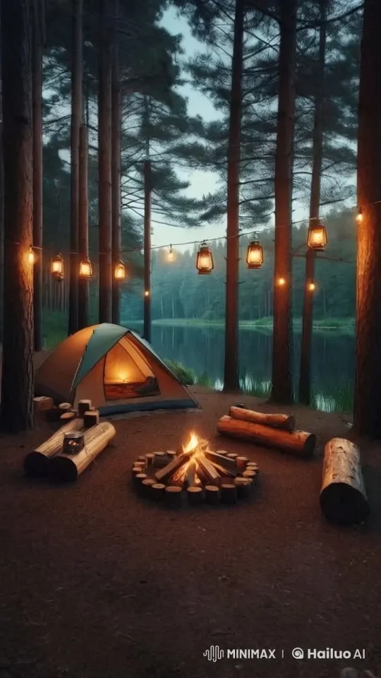 Tranquil Night Camping Scene by a Forest Lake – AI Generated Video | Hailuo AI