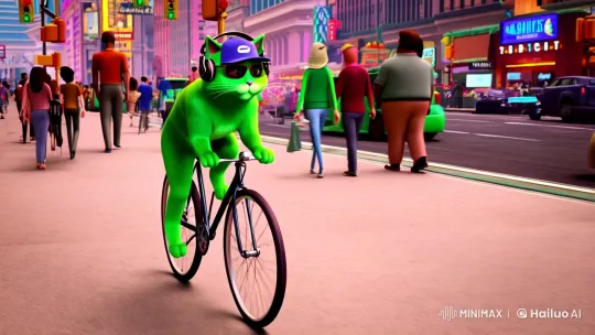 Stylish Cat Cycles Through Bustling Downtown – AI Generated Video | Hailuo AI