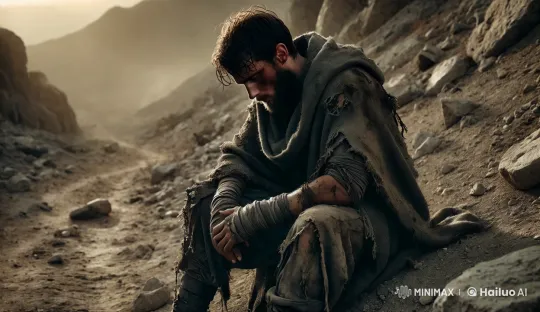 Exhausted Traveler Rests in Mountainous Solitude – AI Generated Video | Hailuo AI
