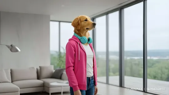 Golden Retriever-Headed Woman Adjusts Headphones in Modern Living Room – AI Generated Video | Hailuo AI