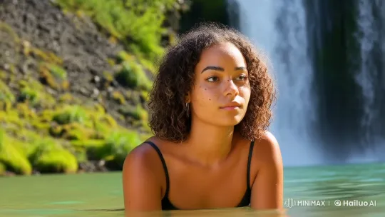 Young Woman Dives into Waterfall, Embraces Serenity – AI Generated Video | Hailuo AI