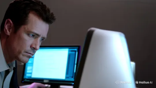 Man at Computer Monitored by Mysterious Door – AI Generated Video | Hailuo AI