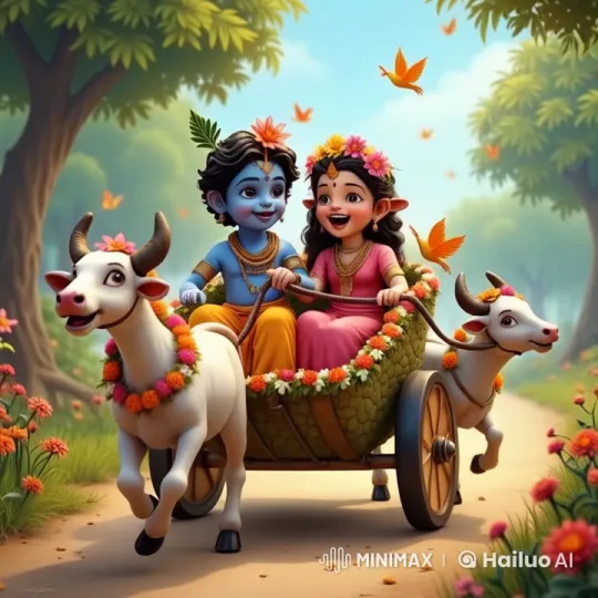 Divine Play: Little Krishna and Radha's Joyful Cart Ride – AI Generated Video | Hailuo AI