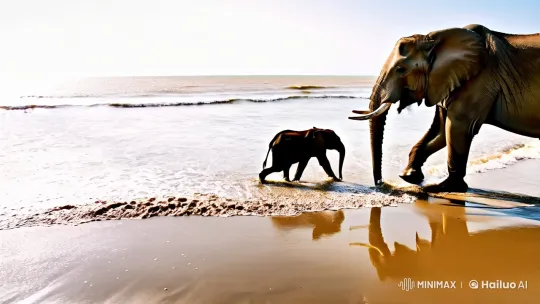 Elephants Stroll Through Sunlit Beach Shallows – AI Generated Video | Hailuo AI