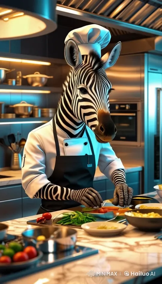 Zebra Chef Prepares Fresh Dish in Modern Kitchen – AI Generated Video | Hailuo AI