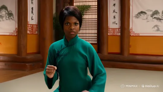Female Kung Fu Master Demonstrates Skill in Dojo – AI Generated Video | Hailuo AI