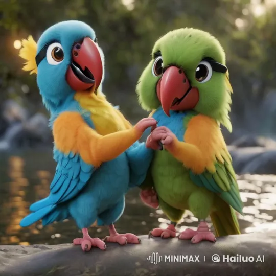 Colorful Parrots Dance Joyfully on a Log in a Jungle Setting – AI Generated Video | Hailuo AI