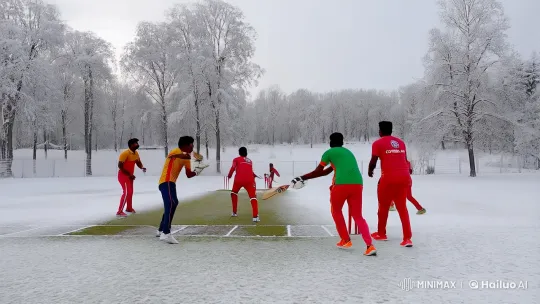 Tamil Men's Cricket Game in Snowy Coverdale Park – AI Generated Video | Hailuo AI