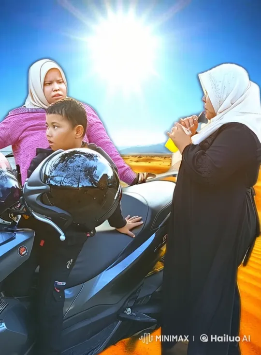 Child and Woman Practice Kung Fu Around Motorcycle in Desert – AI Generated Video | Hailuo AI