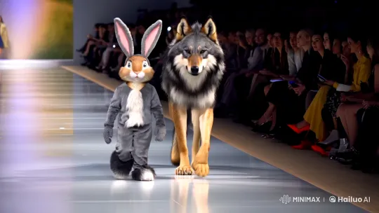 Anthropomorphic Rabbit and Wolf Stride Fashion Runway Together – AI Generated Video | Hailuo AI