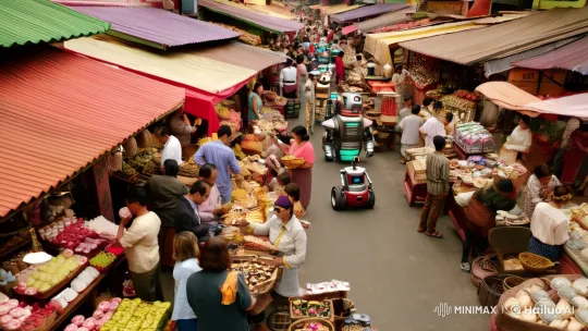 Retro-Futuristic Market: Humans and Robots in Jakarta – AI Generated Video | Hailuo AI
