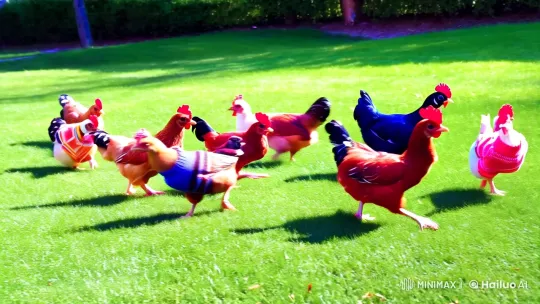 Chickens in Colorful Sweaters Play on Lush Lawn – AI Generated Video | Hailuo AI