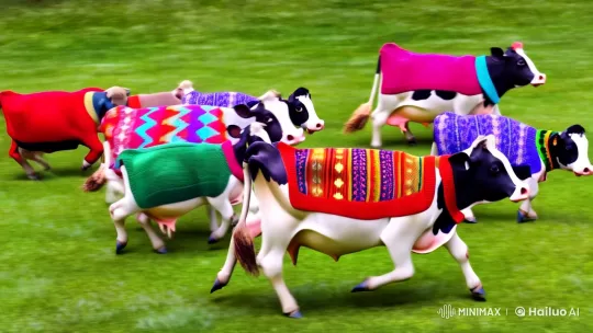 Adorable Cows in Ugly Sweaters Frolic on Verdant Lawn – AI Generated Video | Hailuo AI