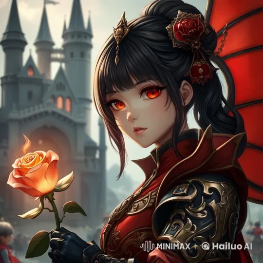 Magical Castle Scene: Armored Character with Fiery Rose Amidst Snowfall – AI Generated Video | Hailuo AI