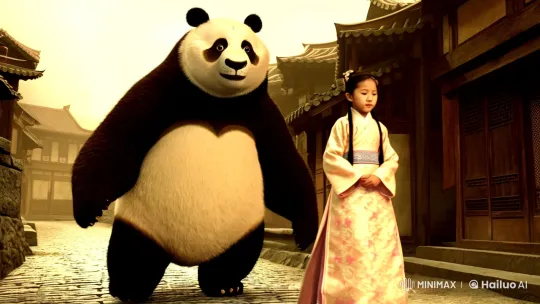 Girl and Panda in Timeless Chinese Town Cinematic Sequence – AI Generated Video | Hailuo AI
