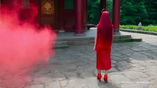 Chinese Woman Possessed in Crimson Elegance Scene – AI Generated Video | Hailuo AI
