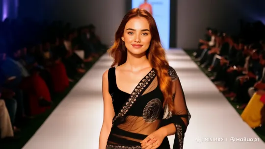 Elegant Young Woman Struts in Vibrant Saree on Fashion Ramp – AI Generated Video | Hailuo AI