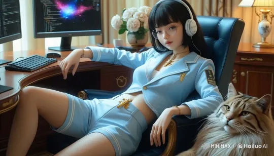 Woman Relaxing with Cat Amidst Tech and Comfort – AI Generated Video | Hailuo AI