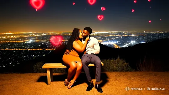 Romantic Night on Hill with City Lights and Fluttering Hearts – AI Generated Video | Hailuo AI