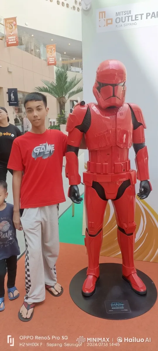 Young Boy Practicing Kung Fu by Sith Trooper Statue in Mall – AI Generated Video | Hailuo AI