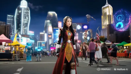 Cyberpunk Cityscape: Traditional Woman in Futuristic Odyssey – AI Generated Video | Hailuo AI