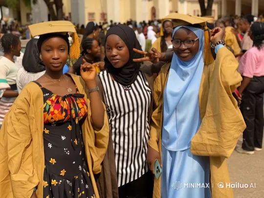 Graduation Celebration: Friends in Dynamic Poses and Group Hug – AI Generated Video | Hailuo AI