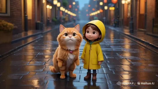 Cozy Evening Stroll: Girl and Cat to Cozy Home – AI Generated Video | Hailuo AI