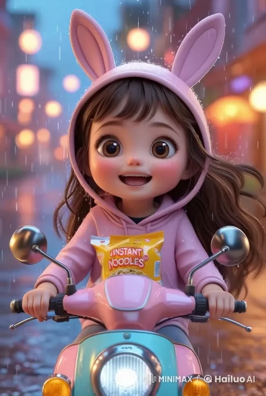 Adorable Girl on Motorbike in Cozy Evening Cityscape – AI Generated Video | Hailuo AI