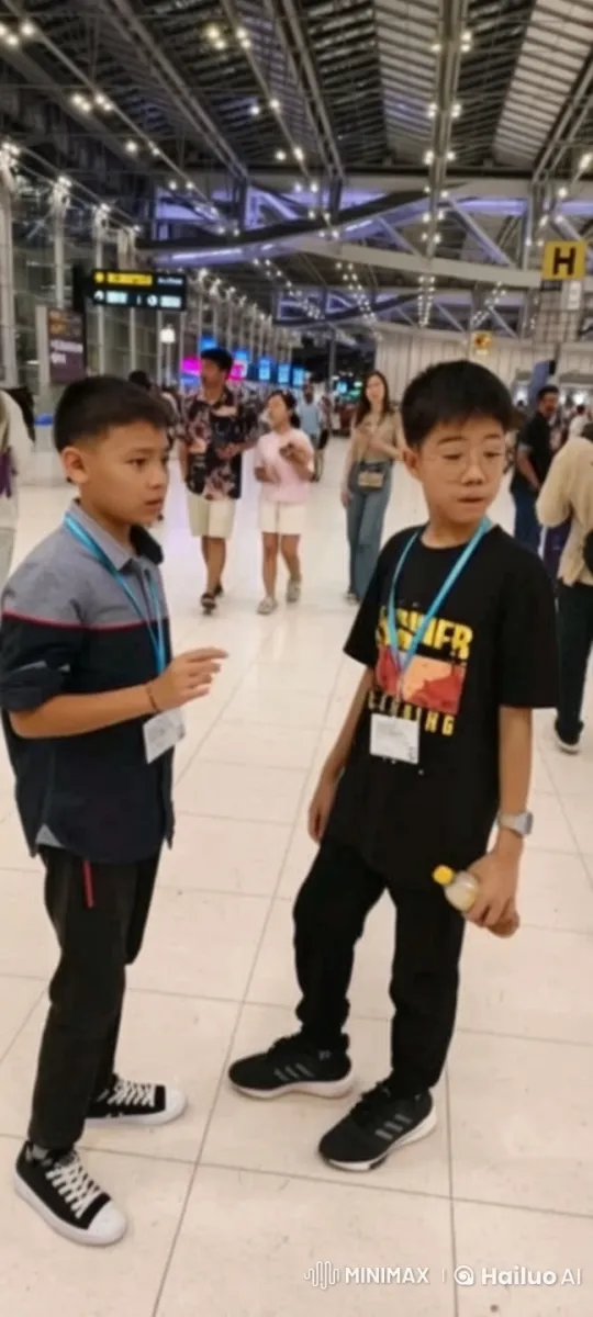 Boys Engage in Animated Chat at Bustling Airport – AI Generated Video | Hailuo AI
