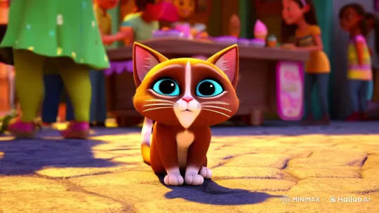 Longing Cat Amidst Joyful Street Market – AI Generated Video | Hailuo AI