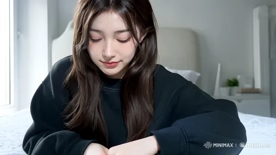 Young Woman in Serene Bedroom Reflecting – AI Generated Video | Hailuo AI