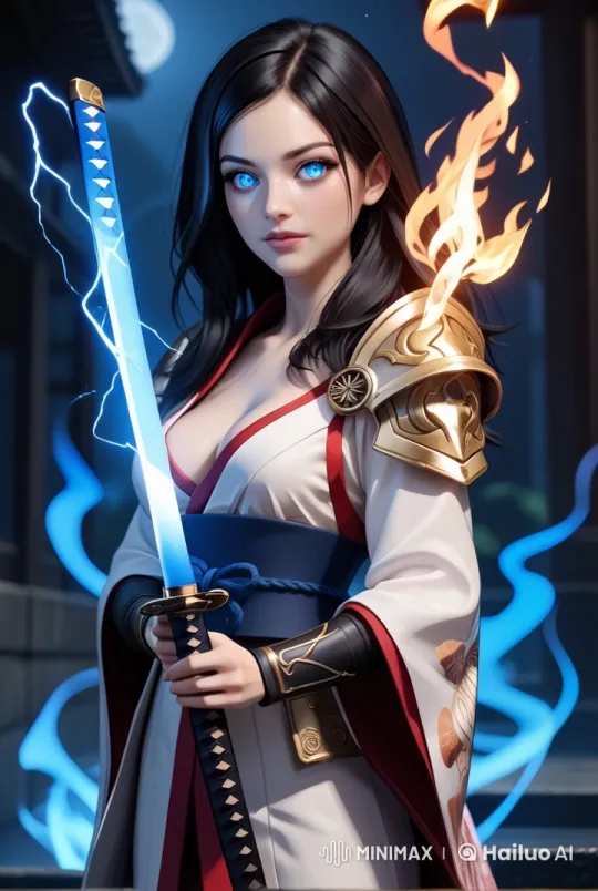 Warrior Woman in Mystical Night with Flaming Sword – AI Generated Video | Hailuo AI