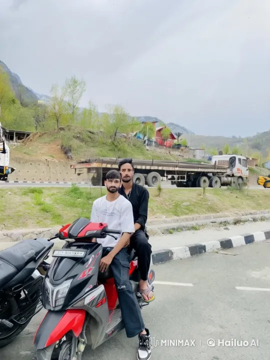 Affectionate Couple Kisses on Parked Scooter with Mountain View – AI Generated Video | Hailuo AI