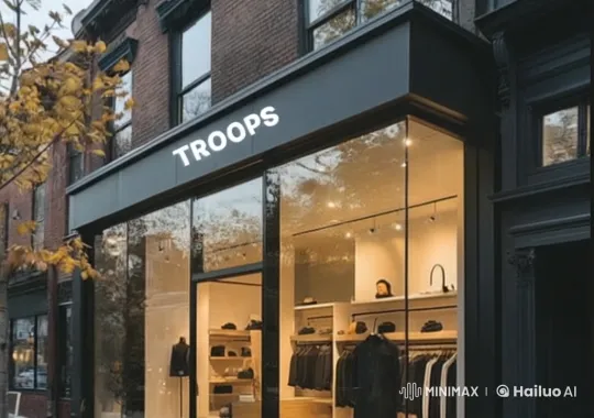Sophisticated 'TROOPS' Storefront Display on Urban Street – AI Generated Video | Hailuo AI