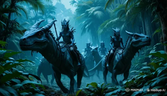 Na'vi Warriors Ride Dinosaurs in Lush Jungle – AI Generated Video | Hailuo AI
