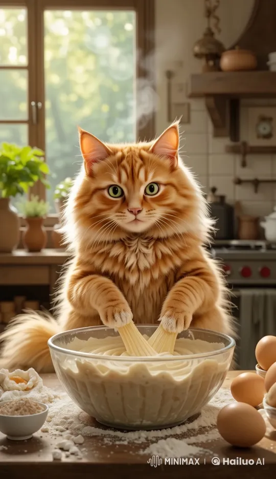 Tabby Cat Cooks with Grace in Sunlit Kitchen – AI Generated Video | Hailuo AI