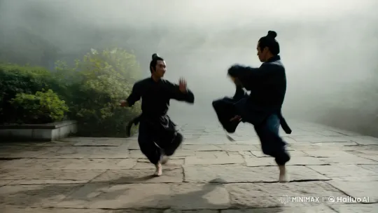 Mist-Laden Kungfu Battle in Ethereal Courtyard – AI Generated Video | Hailuo AI