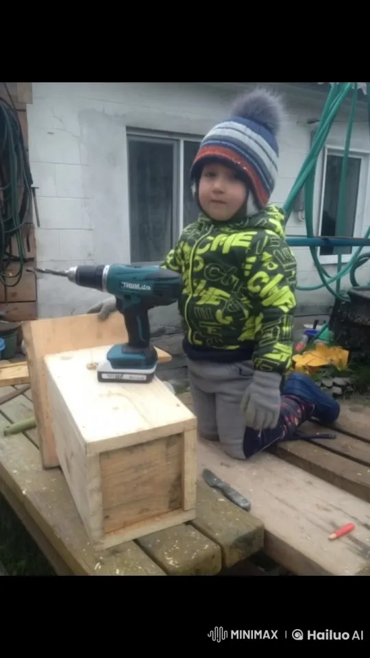 Child Assembles Wooden Box with Power Drill – AI Generated Video | Hailuo AI