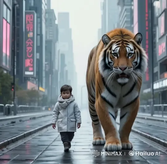 Child and Tiger Walk Calmly Through Neon-Lit City Street – AI Generated Video | Hailuo AI