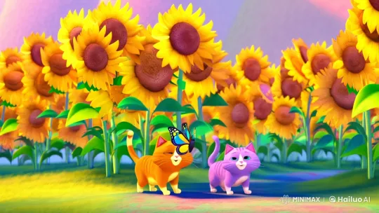 Cats Explore Sunflower Garden with Butterflies – AI Generated Video | Hailuo AI